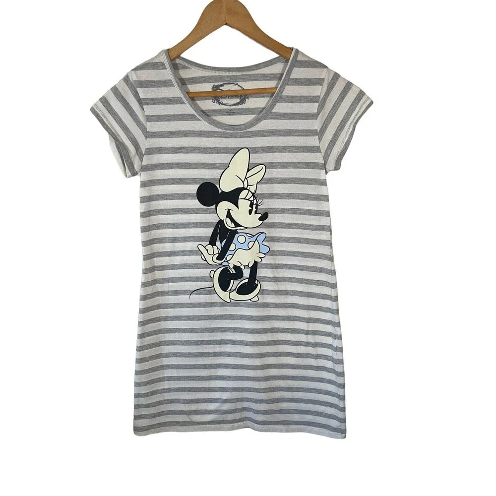 Disney Sleepwear T-Shirt Dress Girls Size Medium White/Gray Striped Short Sleeve - Picture 1 of 8
